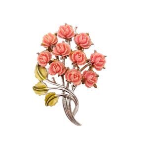 Vtg JJ Jonette Brooch Silver Tone Faux Coral Pink Roses Bouquet Enamel Pin